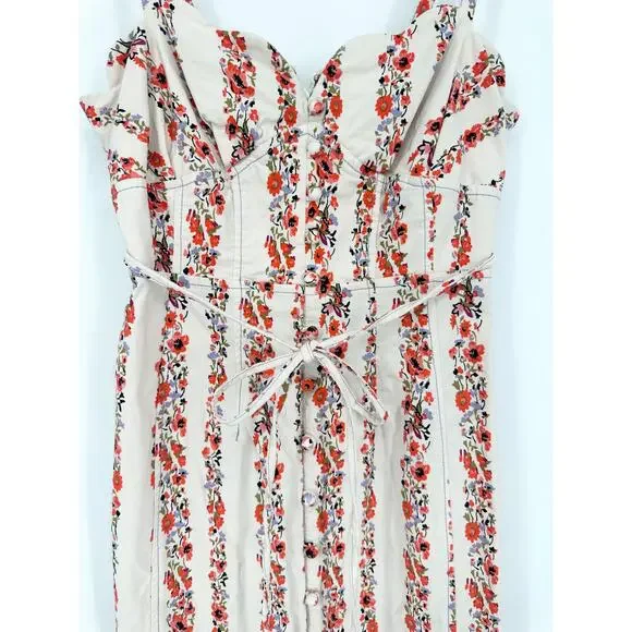 Anthropologie Slim Scalloped Corset Dress Floral Striped Belted Button Slit Midi - Picture 9 of 14
